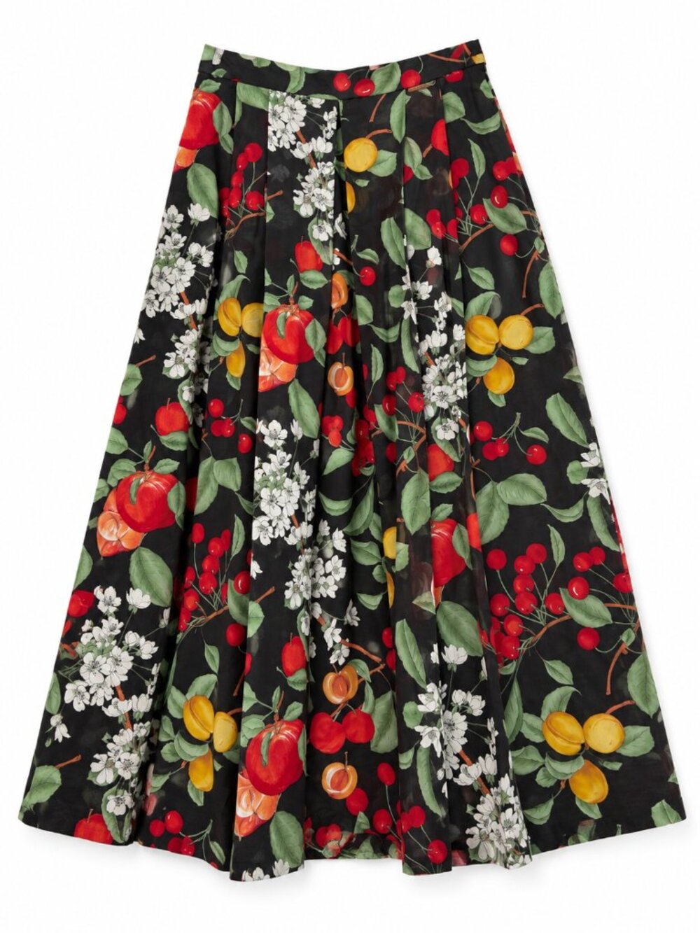 Vintage European Fruit Print Cotton Pleated Maxi Skirt